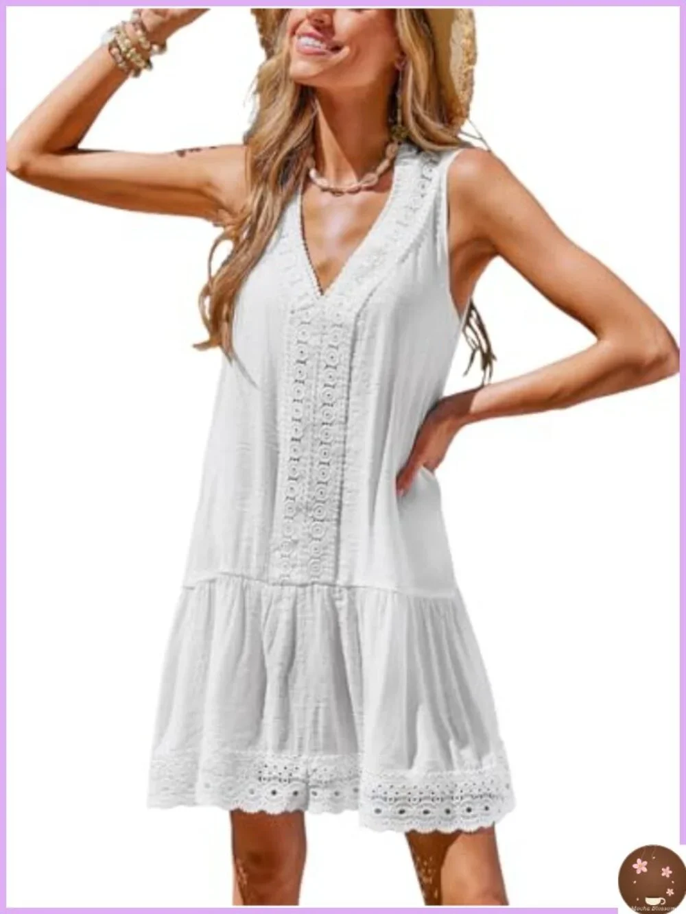 Lace Beach Cover Up Dress Sleeveless V Neck Ruffle Hem Lightweight